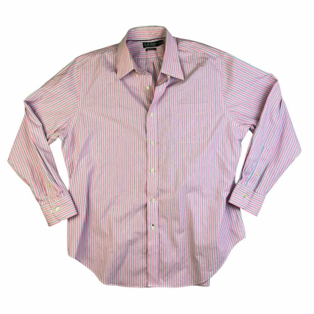 Ralph Lauren Men's Pink Blue Striped Classic Fit Button Down Shirt Top Size XL